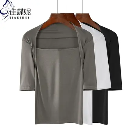 夏季新款韩版纯棉修身纯色简约包肩领中袖体恤上衣内搭打底衫女装商品大图