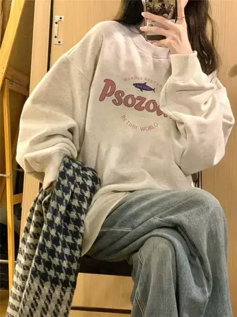 白灰色春秋季圆领卫衣女薄款小个子宽松美式复古慵懒风无帽上衣潮商品大图