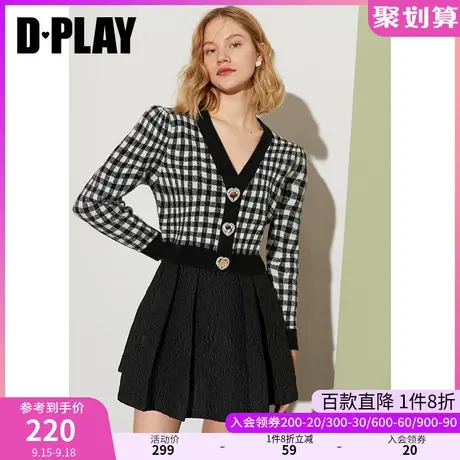 DPLAY秋装新款法式复古格纹重工镶钻爱心纽扣装饰针织开衫商品大图