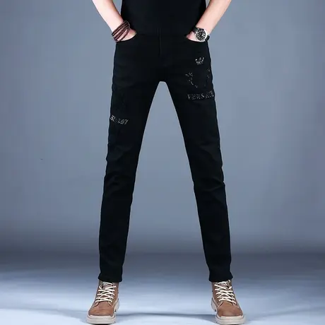 2023男士新款牛仔裤子时尚烫钻修身小脚裤棉弹男潮牌百搭百搭精致商品大图