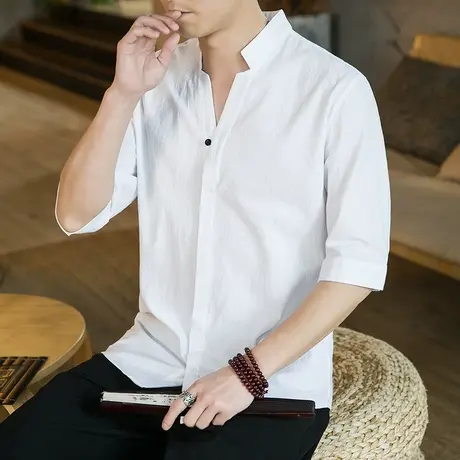 夏季中国风衬衫男短袖立领纯棉中袖修身立领寸衫男士棉麻衬衣大码图片
