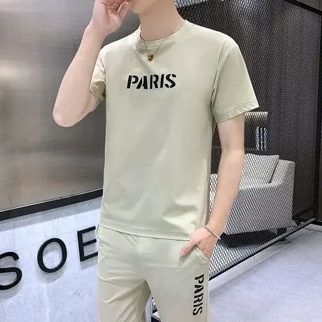 夏季冰丝套装男短袖t恤男士T恤休闲运动套装丝光棉男装一身套装潮商品大图