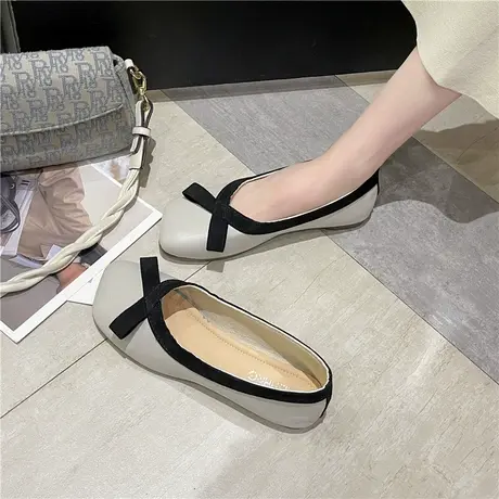 蝴蝶结软底奶奶鞋百搭舒适圆头软皮平底豆豆鞋2022春秋浅口单鞋女商品大图