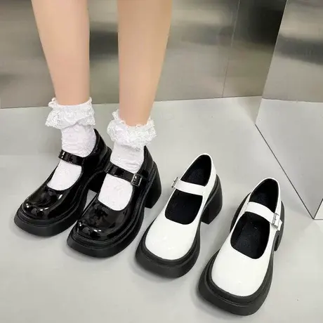 英伦风黑色小皮鞋女日系增高厚底玛丽珍鞋高跟单鞋洛丽塔jk鞋子春商品大图