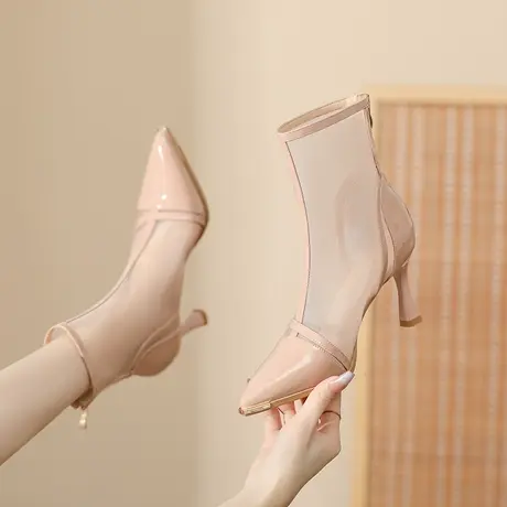 短靴女2023年春秋新款尖头细跟靴子透气网纱网靴高跟马丁靴单靴图片