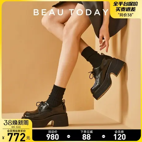 BeauToday厚底乐福鞋女BT英伦风系带小皮鞋春秋粗跟方头单鞋真皮图片