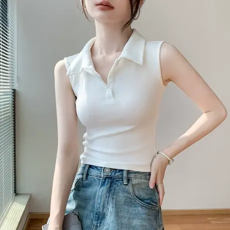 美式辣妹风无袖背心女2025春季新款Polo领短款打底衫纯色内搭上衣商品大图