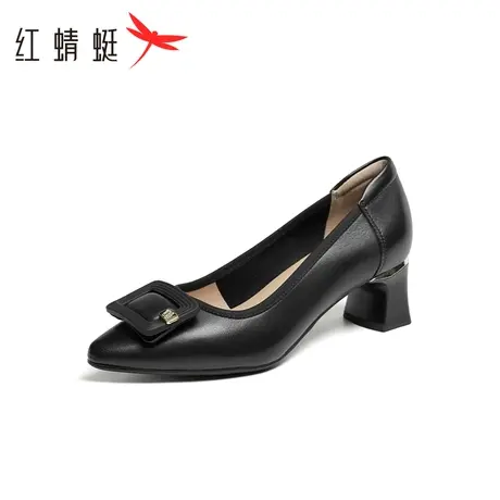 红蜻蜓粗跟单鞋女2024春季新款真皮尖头职业皮鞋女中跟通勤高跟鞋商品大图