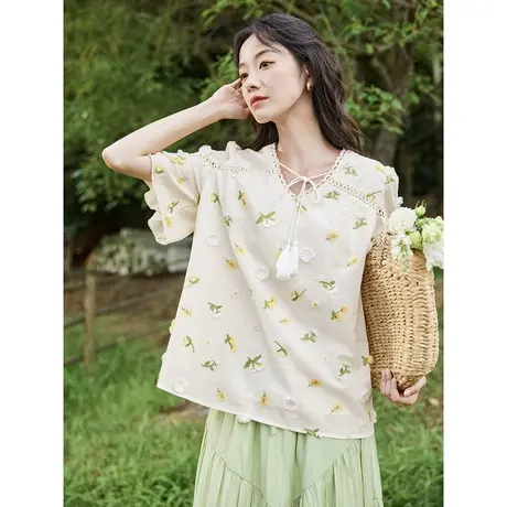 茵曼设计感立体绣花衬衣2023夏女装新款系带V领喇叭袖显瘦薄上衣商品大图