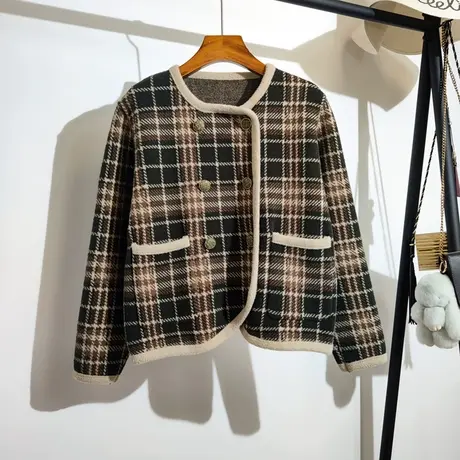 小香风格子条纹毛衣开衫外套女秋冬新款双排扣长袖短款针织衫上衣图片