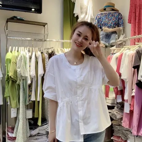 设计感拼接工艺衬衫女2023年夏季新款港风收腰显瘦不规则小众衬衣商品大图