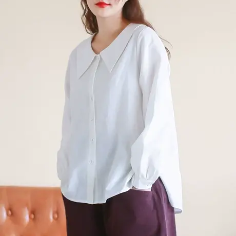 胖妹妹春季显瘦棉麻白色清纯衬衫 加大码2023宽松大方领上衣200斤商品大图