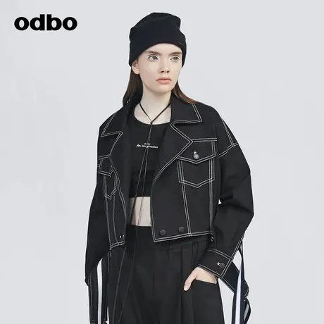 odbo/欧迪比欧复古气质明线织带牛仔外套女设计感工装风短外套潮商品大图