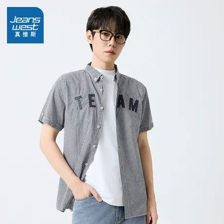 LY真维斯男装2025春季新款格子字母潮流休闲时尚简约ins短袖衬衫商品大图