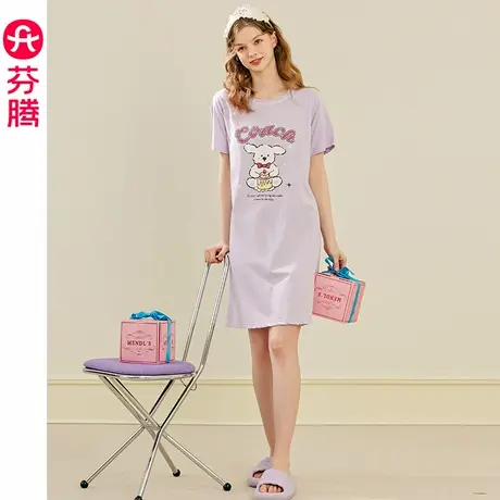 芬腾夏季睡裙女纯棉短袖睡衣裙甜美少女休闲宽松全棉连衣裙家居服图片