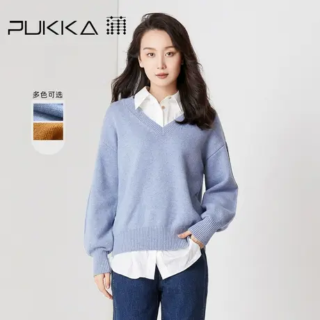 蒲PUKKA 套头毛衣女秋冬新款2022条纹V领宽松针织毛衣慵懒风毛衫图片