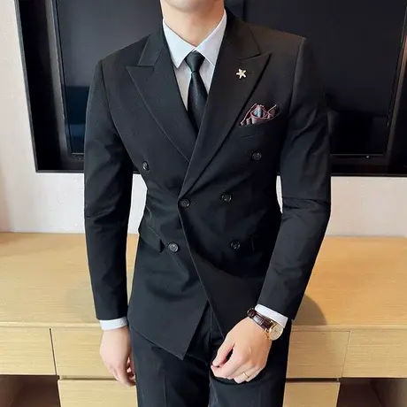 男士西服套装商务韩版修身结婚礼服双排扣西装三件套男高级感西服图片
