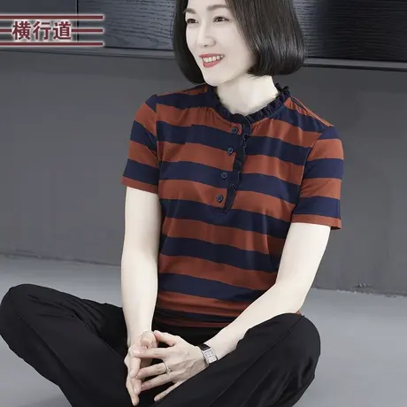 立领花边纽扣条纹短袖2023新款夏装宽松T恤韩版简约洋气大码上衣商品大图