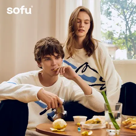 sofu半边绒睡衣女2025秋冬新款加绒加厚保暖情侣家居服套装可外穿商品大图
