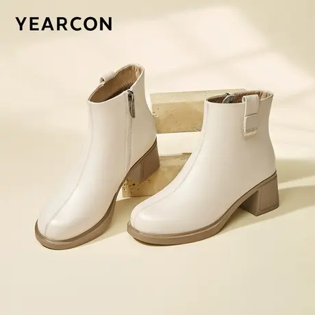 意尔康女鞋2023冬季加绒皮靴高跟踝靴女士英伦风短靴妈妈鞋二棉鞋商品大图