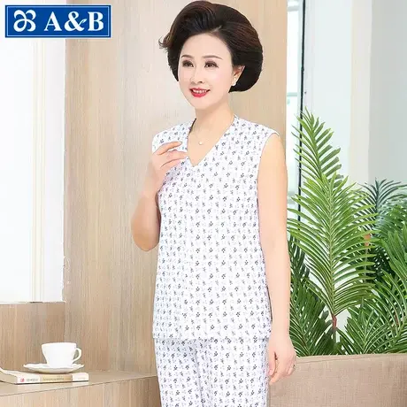 AB睡衣夏季女士无袖开衫纯棉中老年人家居服宽松妈妈大码奶奶汗衫商品大图