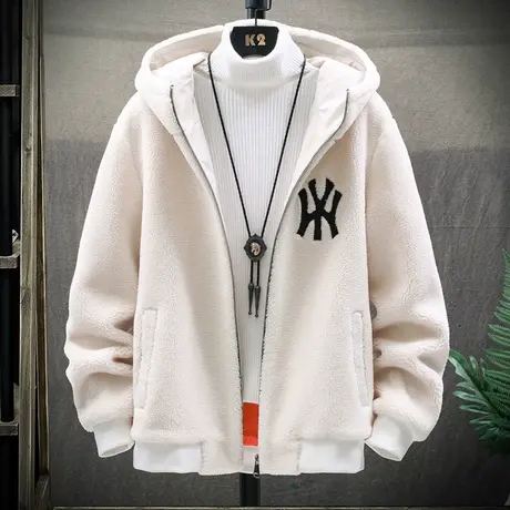 秋冬季新款羊羔绒外套男士潮流摇粒绒连帽夹克颗粒绒上衣冬装棉衣商品大图