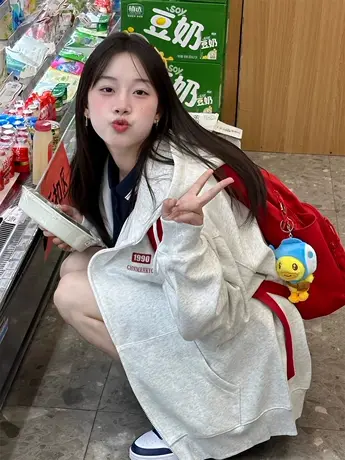 加绒加厚卫衣外套女2024秋冬季小个子韩系慵懒风连帽开衫拉链上衣图片