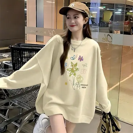 杏色圆领卫衣女2025春秋新款韩版加绒宽松中长款印花慵懒风上衣潮商品大图
