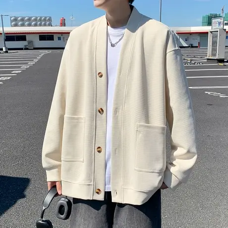 华夫格卫衣男春秋季新款纯色V领开衫外套大码美式男生休闲上衣服商品大图