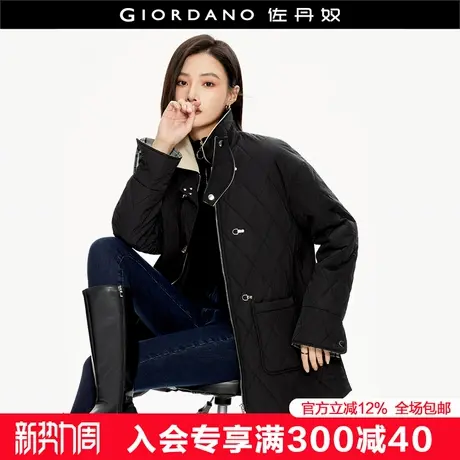 佐丹奴保暖外套女新款棉衣时尚格纹可立领中长款宽松棉服18373915商品大图