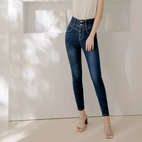 桔熊夏季高腰牛仔长裤子女磨白抓纹收腹修身小脚裤胖mm大码BA6668图片