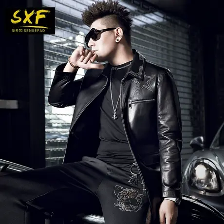 SXF圣希梵男士真皮皮衣 中长款烫钻羊皮夹克海宁工装大衣外套男潮商品大图