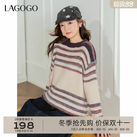 含羊毛LAGOGO紫调时光彩条针织衫女拉谷谷2025年冬季新款宽松毛衣商品大图