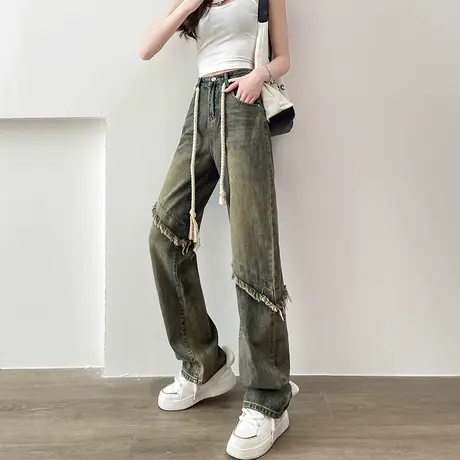 复古阔腿牛仔裤女2023年春秋新款高腰窄版显瘦做旧小众毛边直筒裤图片