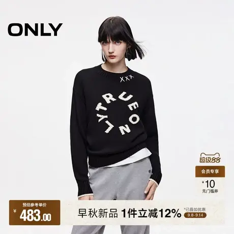 ONLY2025秋季新款艺术感撞色装饰线字母图案宽松落肩圆领针织衫女商品大图