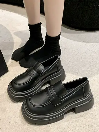 黑色厚底小皮鞋女2023秋季新款复古英伦风百搭粗高跟一脚蹬乐福鞋商品大图