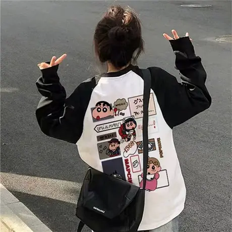 2023新款春秋季纯棉拼接撞色插肩长袖t恤女宽松甜美风可爱上衣服图片