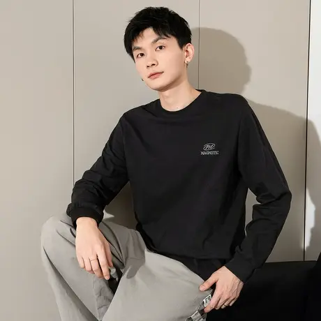 唐狮春秋新款长袖T恤男纯色休闲宽松内搭青少年潮流纯棉打底衫TD商品大图