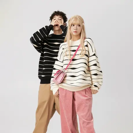 设计感情侣装条纹毛衣女秋冬2023新款复古慵懒风宽松针织衫上衣潮商品大图