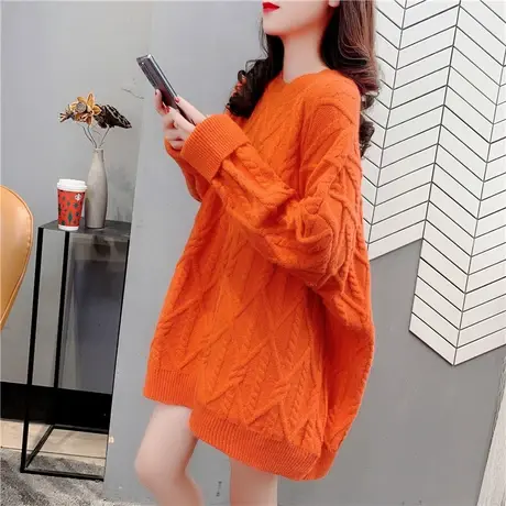 橘色毛衣女中长款外穿加厚复古港风宽松慵懒风洋气麻花打底针织衫商品大图