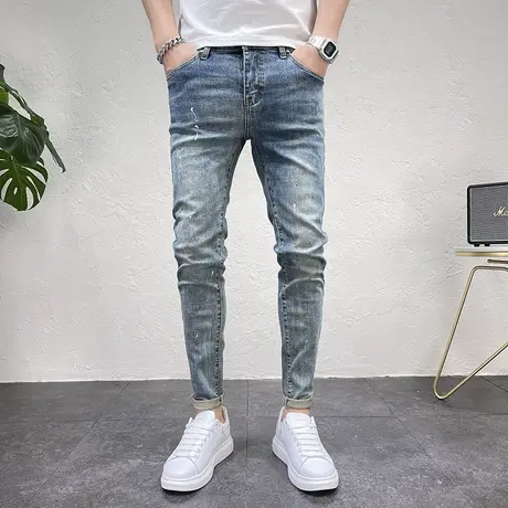 裤子秋款男潮流漆点泼墨修身小脚牛仔裤男四季百搭蓝色休闲九分裤商品大图