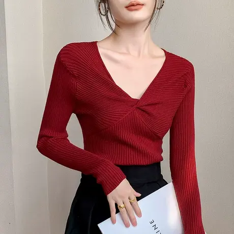 本命红长袖毛衣针织衫2023秋冬新品设计感小众别致法式内搭上衣女图片