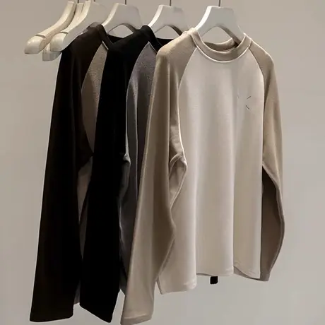 德绒保暖内搭撞色打底衫女秋冬季宽松上衣加绒加厚插肩长袖T恤潮商品大图