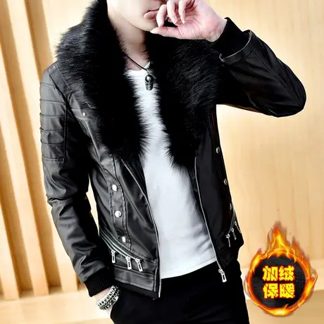 冬季潮牌防寒机车服PU皮衣外套男潮流帅气加绒加厚男装毛领皮夹克商品大图