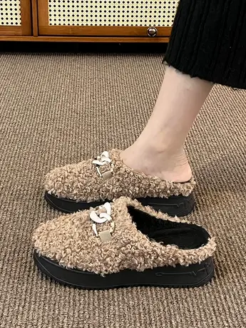 网红棉拖鞋女冬季百搭松糕厚底加绒内增高毛毛鞋懒人包头半拖女鞋商品大图