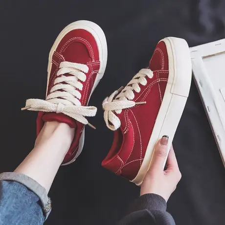 红色帆布鞋女款2023年新款夏季爆款百搭休闲布鞋chic韩版复古板鞋图片