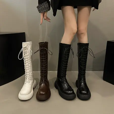 长筒靴女2023春秋新款超火小众设计感高级气质靴子粗跟厚底骑士靴商品大图
