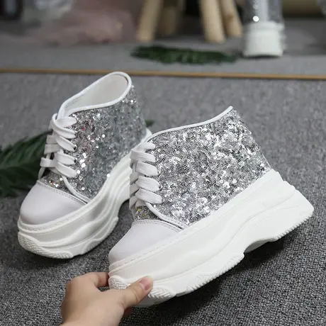 包头半拖鞋女外穿2023新款内增高松糕鞋无后跟亮片一脚蹬厚底凉拖图片