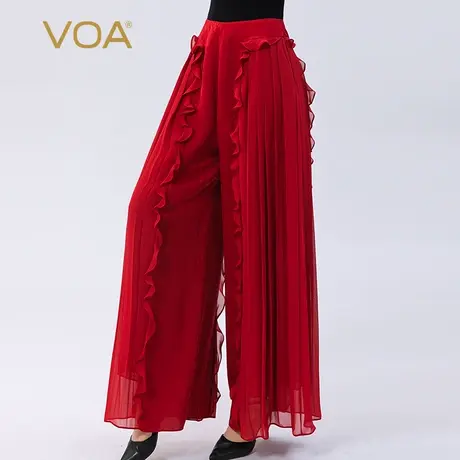 VOA真丝提花酒红自然腰拼接双层乔其纱褶皱荷叶边桑蚕丝阔腿长裤商品大图