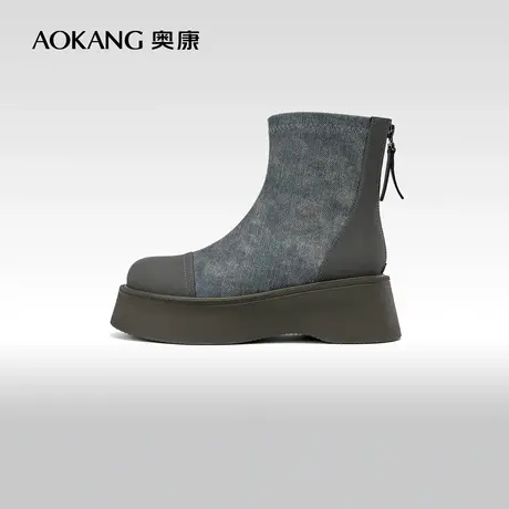 奥康女鞋 冬季新款厚底增高弹力靴时尚短靴舒适百搭瘦瘦靴商品大图